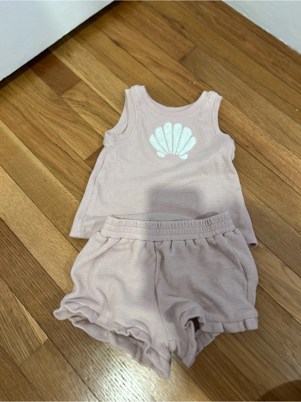 cloud island Light Pink Waffle Knit Shell Tank & Ruffle Shorts Set